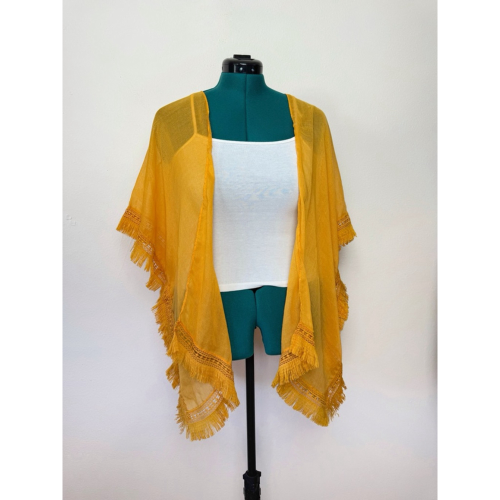 Laundry By Design Women One Size Yellow Fringe Kimono Lightweight Festival Boho